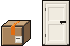 A box on the floor beside a plain door. The door opens, the box goes through, the door shuts.